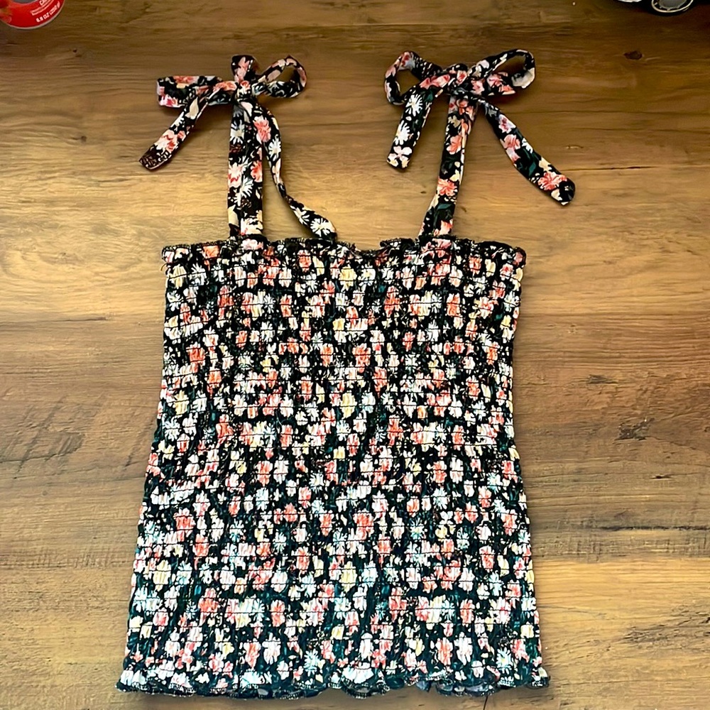 XS Shirred Floral Tie Tank Top